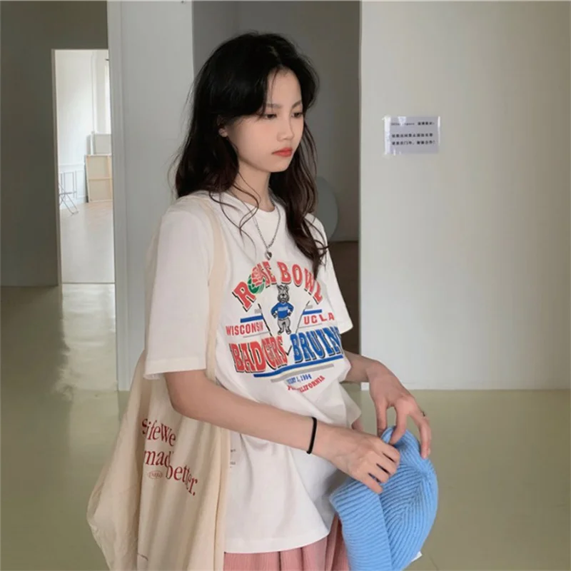 2025 مطبوعة قصيرة الأكمام حجم كبير المرأة تي شيرتات قصيرة الاكمام الصيف فضفاض المرأة تي شيرت عالية الجودة إلكتروني نمط CCXX224