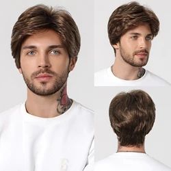 Menโs Synthetic Wigs Brown Pixie Cut Wigs for Men Short Softy Wigs Natural Side Part Daily Cosplay Hairs Low-temperature Fiber