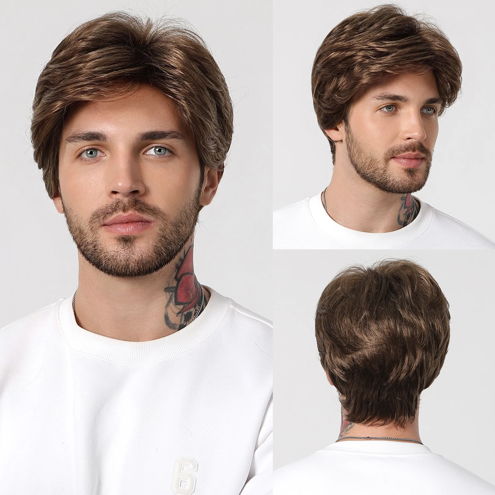Men’s Synthetic Wigs Brown Pixie Cut Wigs for Men Short Softy Wigs Natural Side Part Daily Cosplay Hairs Low-temperature Fiber