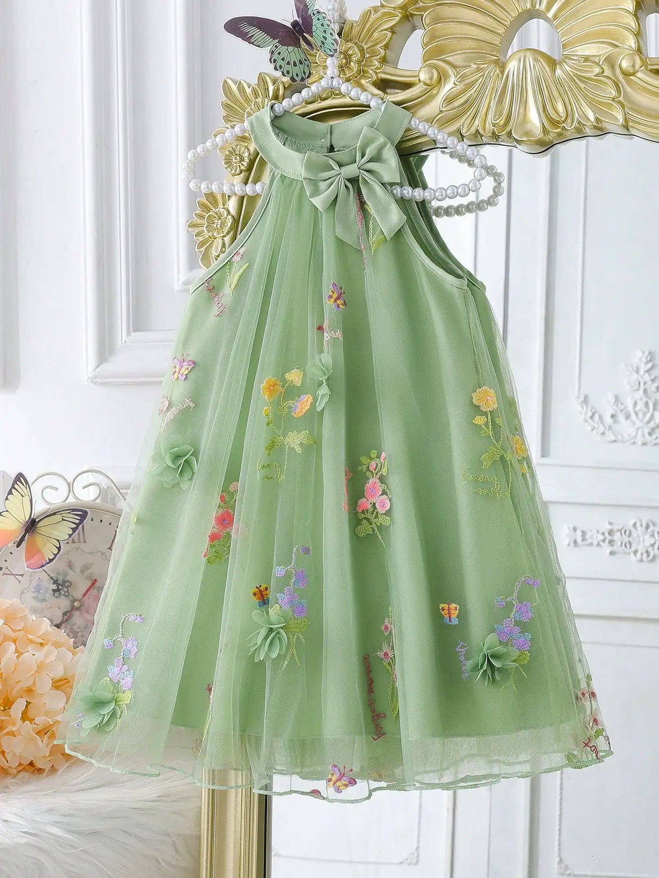 

Зеленое платье-халтер без рукавов из тюля с цветочной вышивкой для женщин