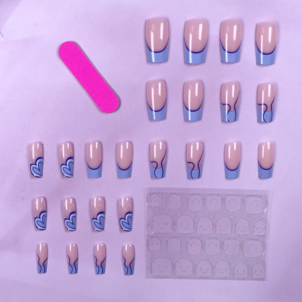 ARTAUG 24pcs Medium Square Blue High Saturation Nail Fingertip French Trim Charms Press On Nails Cover Fake Nail Set