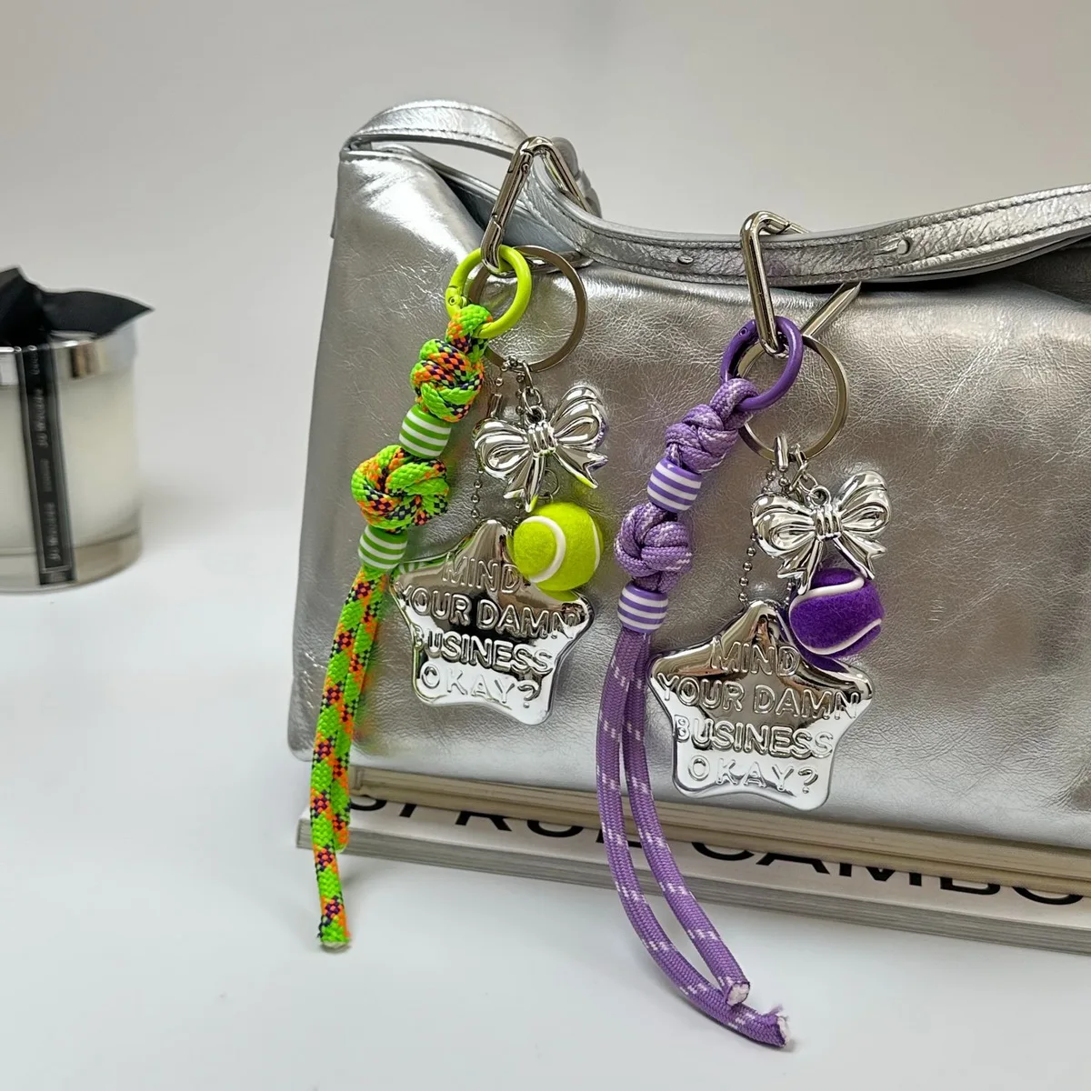 Silver Five-Pointed Star Mirror Keychain Bowknot Tennis Bag Pendant Mobile Phone Chain Hand-Woven Bead String Decorative Pendant