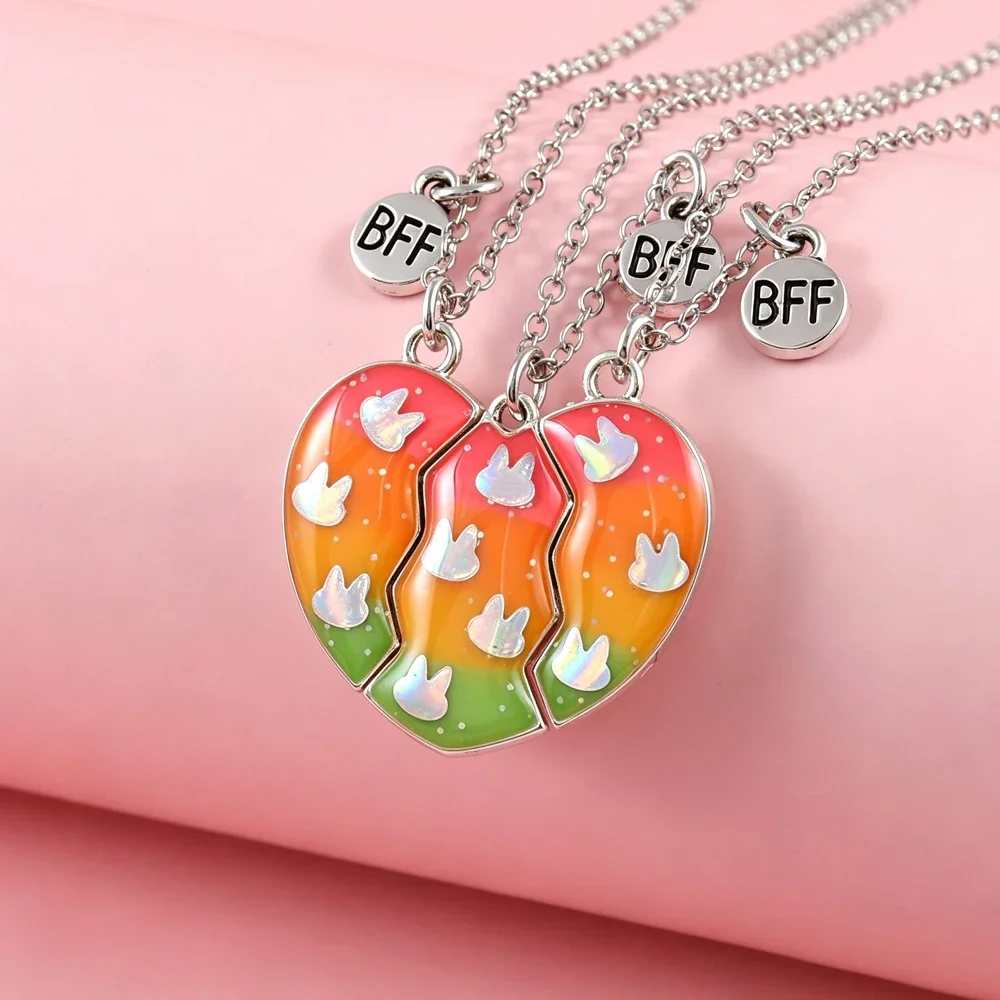 Winoneday 3Pcs/set Rabbit Heart-Shape Sequin Stitching Best Friend Necklace for Girls Fashion Friendship Gifts