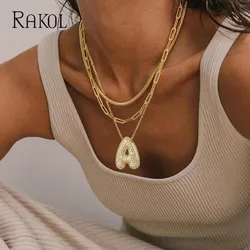 RAKOL Fashion 26 Letters Pendant Necklaces For Men Women Charm A-Z Alphabet Cubic Zircon Stacking Necklace Hip Hop Jewelry Gift