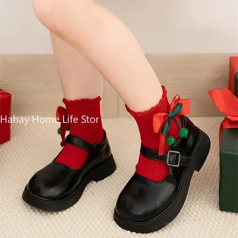 Children Christmas Socks Autumn Winter Girls Red Green Cartoon Cute Baby Bow Santa Tree Socken Fashion kids Princess cotton Sock