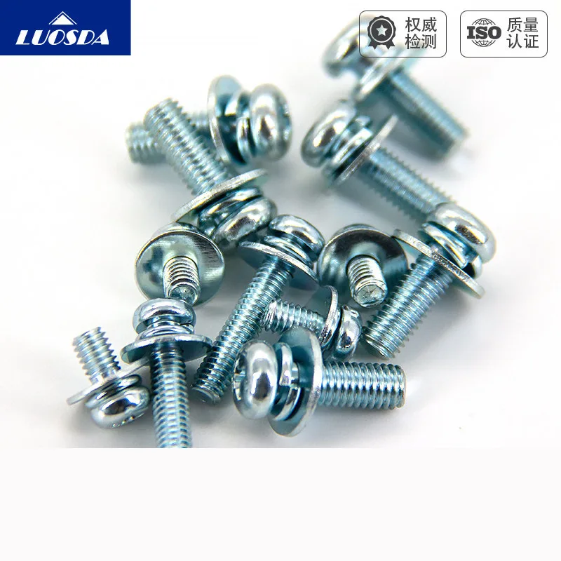 JIS B1188 Blue White Zinc Plated Phillips Small Pan Head Triple Combination Screws M3 M4 M5 M6 with Spring Washer and Flat Washe