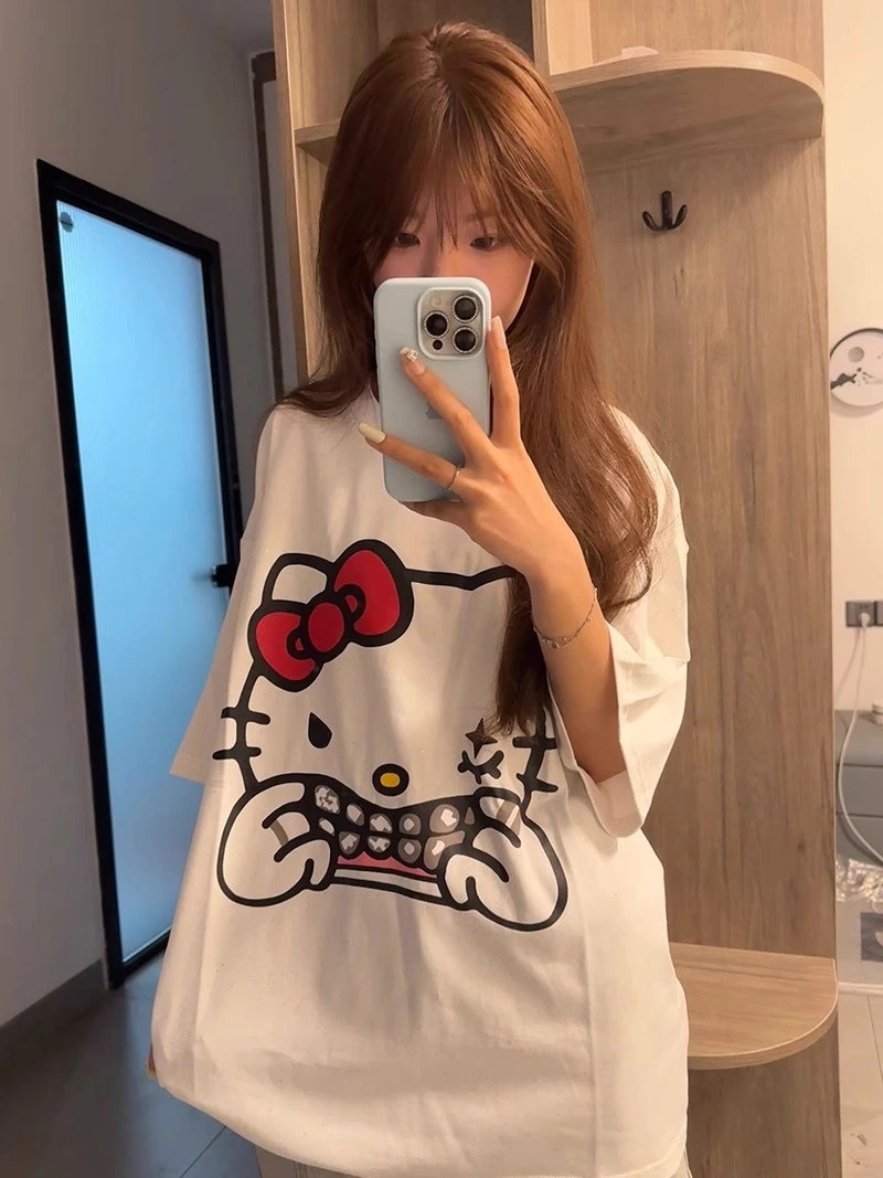 

Hello Kitty корейская версия хип-хопа ретро креативная мультяшная клоун кошка футболка с короткими рукавами женский летний свободный топ оверсайз