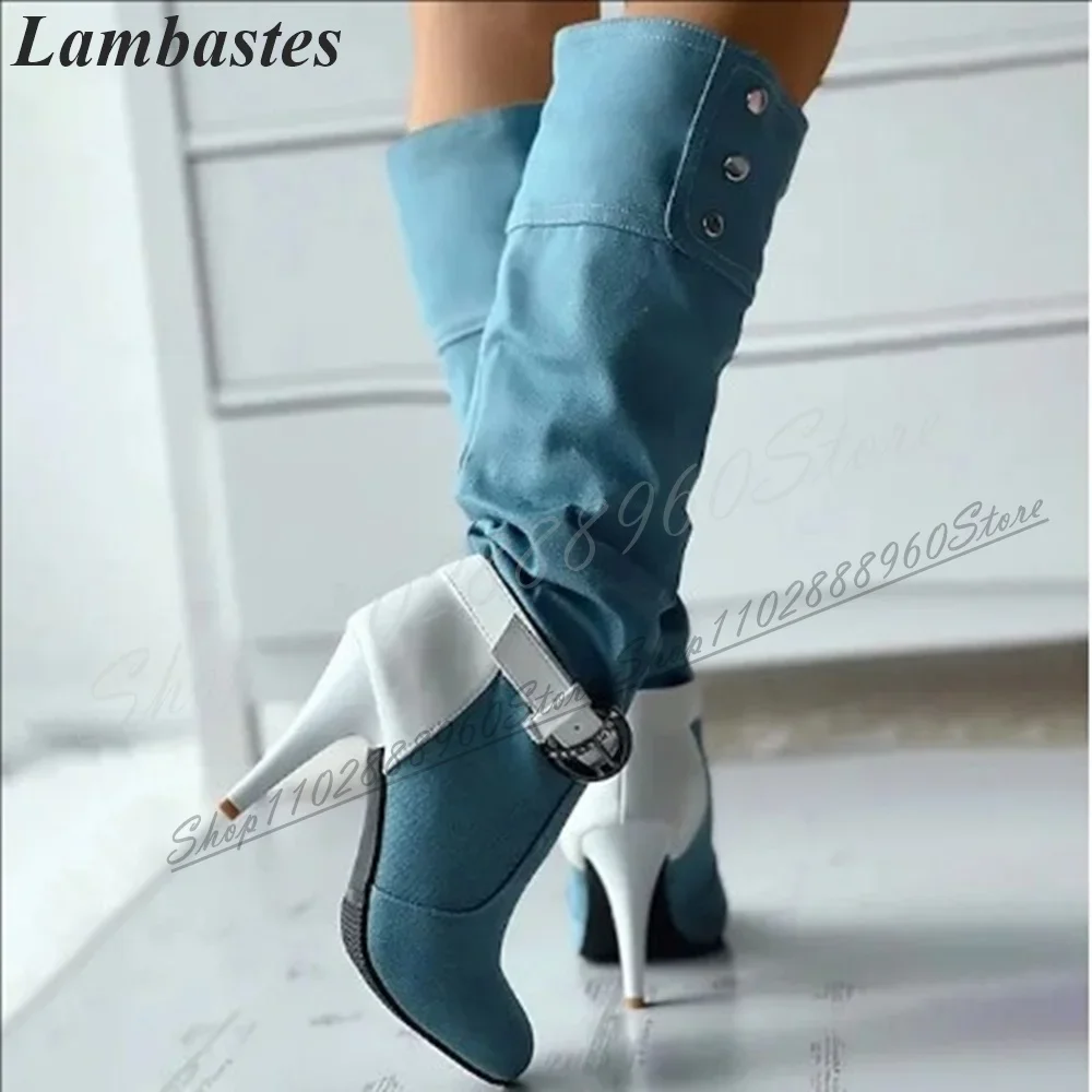 الركبة عالية مختلط الربط مشبك حزام زر الأحذية رقيقة عالية الكعب النساء أحذية الانزلاق على أشار تو 2024 موضة Zapatillas Mujer