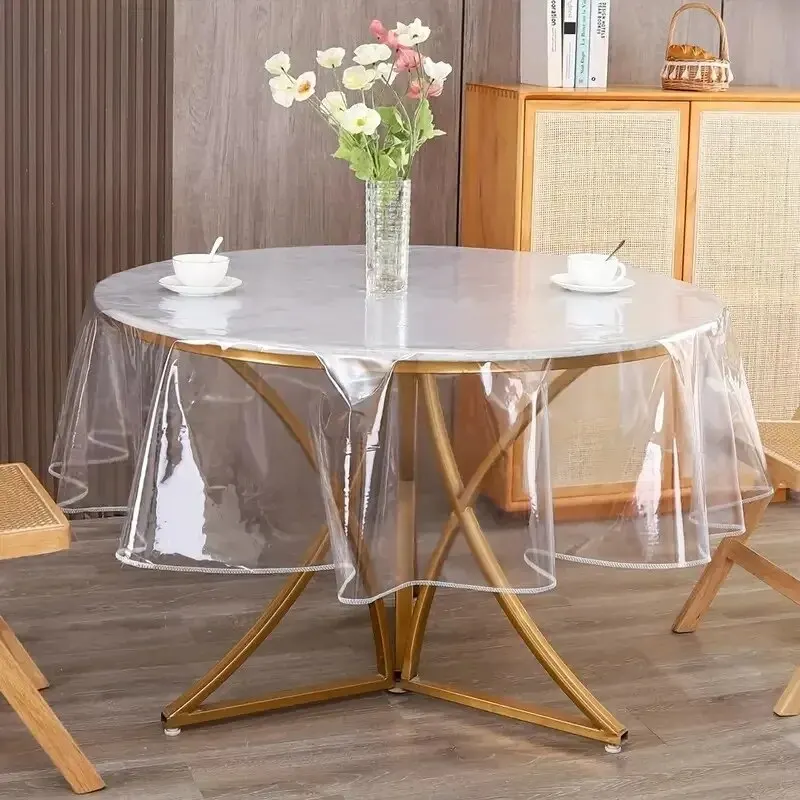 Transparent Table Protector Tablecloth Lock Edge Round Waterproof Oil Resistant PVC Cover Stain Proof Wipeable Room Decorative