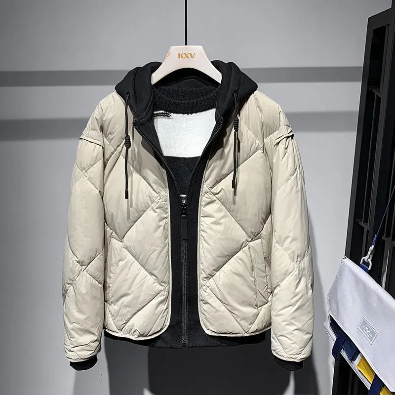 Down Jacket Men Trendy Fake Two-piece Hooded Loose Jacket Zipper Casual Cotton Coat
