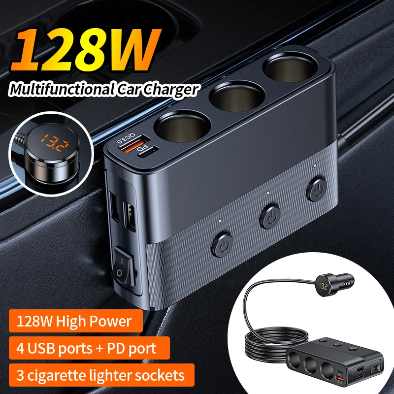 

128W 7 in 1 Car Charger Adapter Fast PD QC3.0 Socket Cigarette Lighter Splitter Charge Independent Switches DC Outlet Accessorie