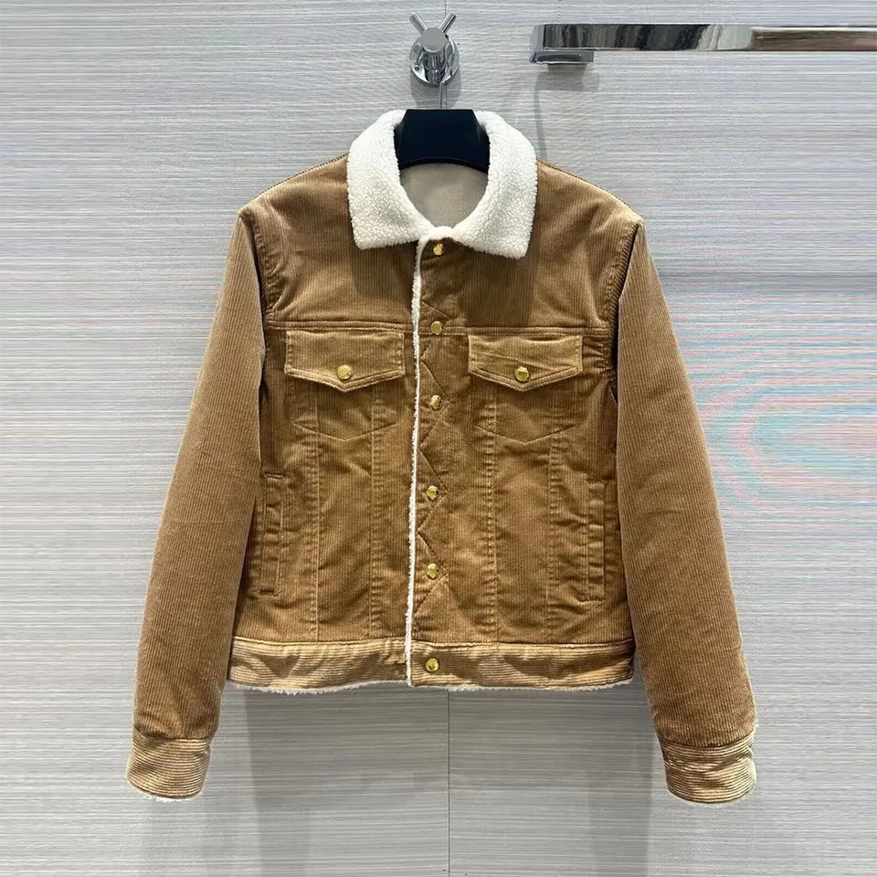 New Winter Fleece Liner Vintage Solid Color Corduroy Jacket Women Turn-down Collar Front Pockets Gold Buttons Streetwear Coat