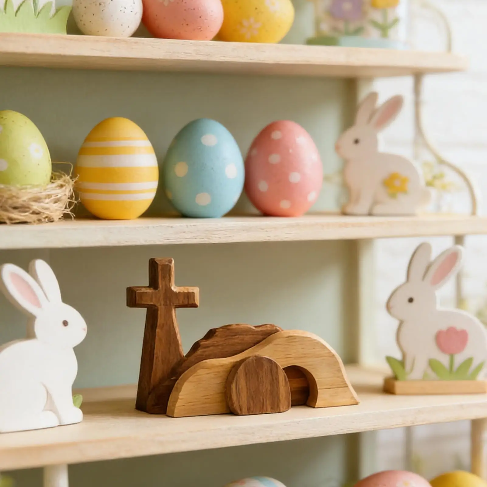 Easter Resurrection Scene Set Wooden Christian Tabletop Centerpiece Easter Nativity Set for Home Church Mantle Shelf Desk Family