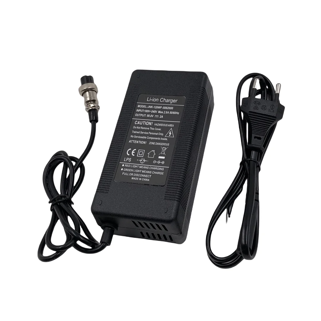 GX16-3 핀 DC5.5 XLR 플러그가 포함된 58.8V 2A 충전기, 52V 리튬 이온 배터리 입력 100-240V용 전원 어댑터