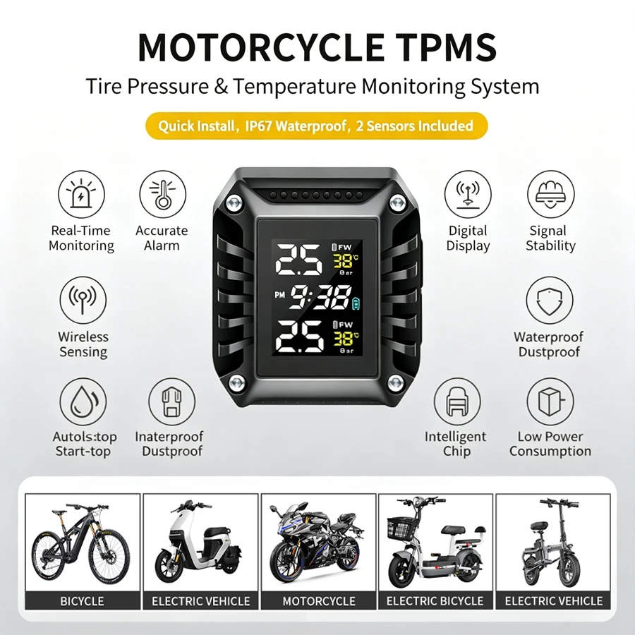 Motorcycle Tire Pressure Temperature Monitor Is Simple To Install and Intelligent Start and Stop Waterproof and Fall-Proof