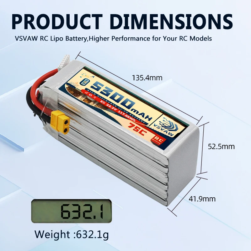Akumulator Lipo VSVAW 6S 5300mAh złącze XT90 / XT60 75C 22.2V do drona, quadcoptera FPV, helikoptera, samolotu, samochodu, łodzi