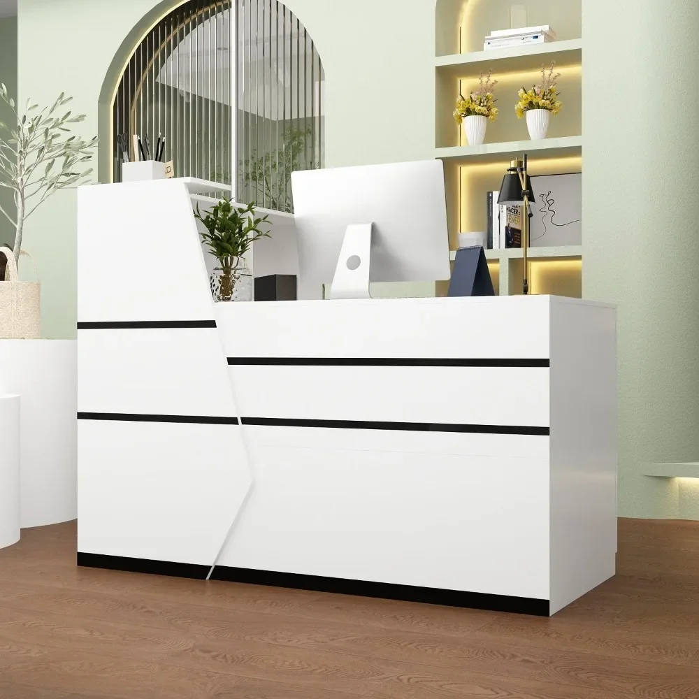 L-Shaped Reception Desk Counter Desk for Retail & Checkout, Modern Front Counter Table, Black Tapes, for Office Lobby White