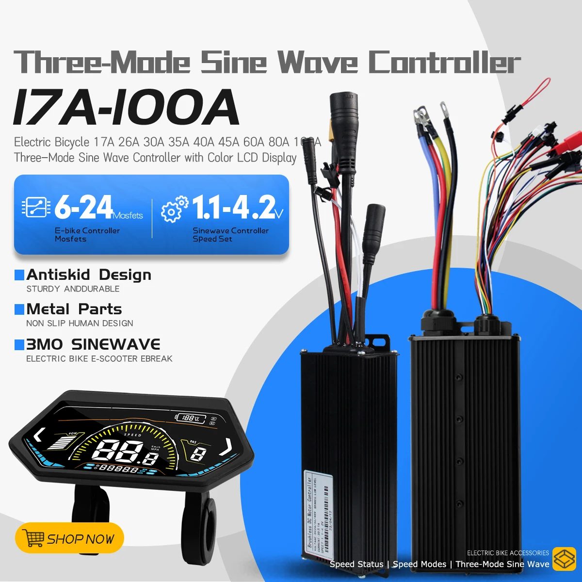 

Electric Bike 3 mode Sine Wave Controller 17A-100A With Color UKS6 Display Compatible Hall and Hall free Hub Motor Controller