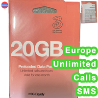 Europe Three 1 Month Data Prepaid Sim Card，UK Phone Number，Talk & SMS，Free Roaming Europe，No Contract，Can Top Up Yourself