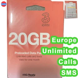 Europe Three 1 Month Data Prepaid Sim Card，UK Phone Number，Talk & SMS，Free Roaming Europe，No Contract，Can Top Up Yourself
