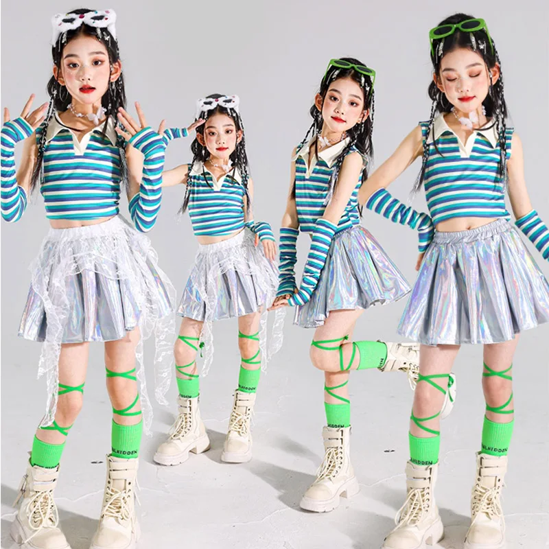 

Jazz Dance Costumes Girls Kpop Dance Performance Outfit Blue Stripe Tank Top Silver Skirt Runways Show Costumes Streetwear 2000