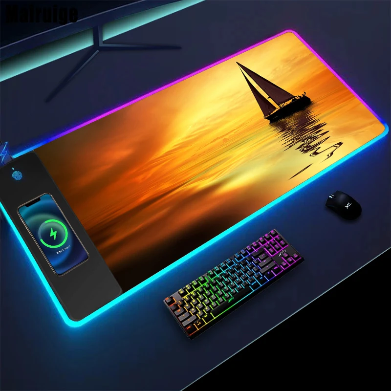 

Wireless Charging Desk Mat Sunset Ocean Horizon Afterglow Sailboat Desk Setup Accessories Mouse Pads Gamer Rug Mousepad Gaming