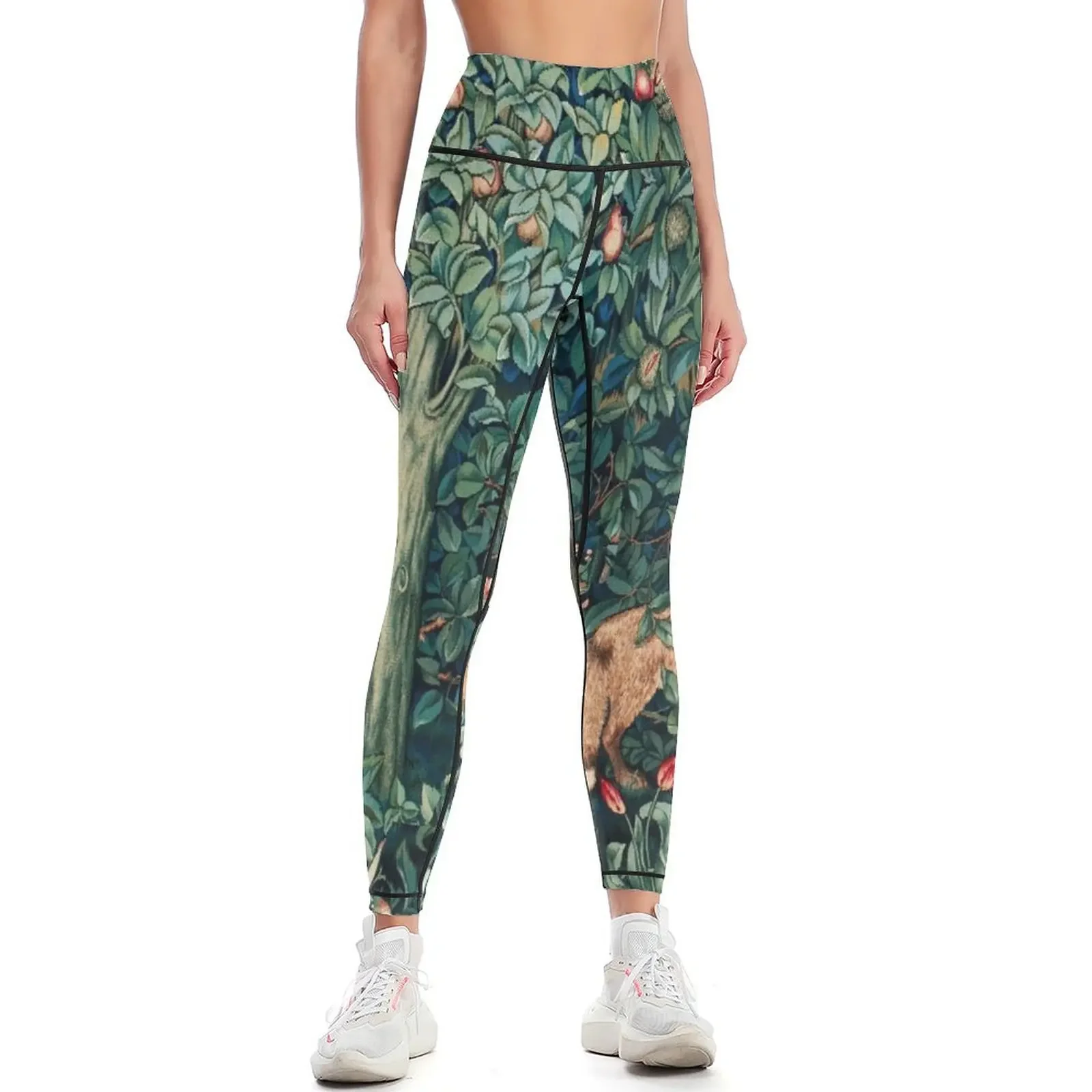 

GREENERY, FOREST ANIMALS Fox and Hares Blue Green Floral Tapestry Leggings high waist Women's pants Womens Leggings