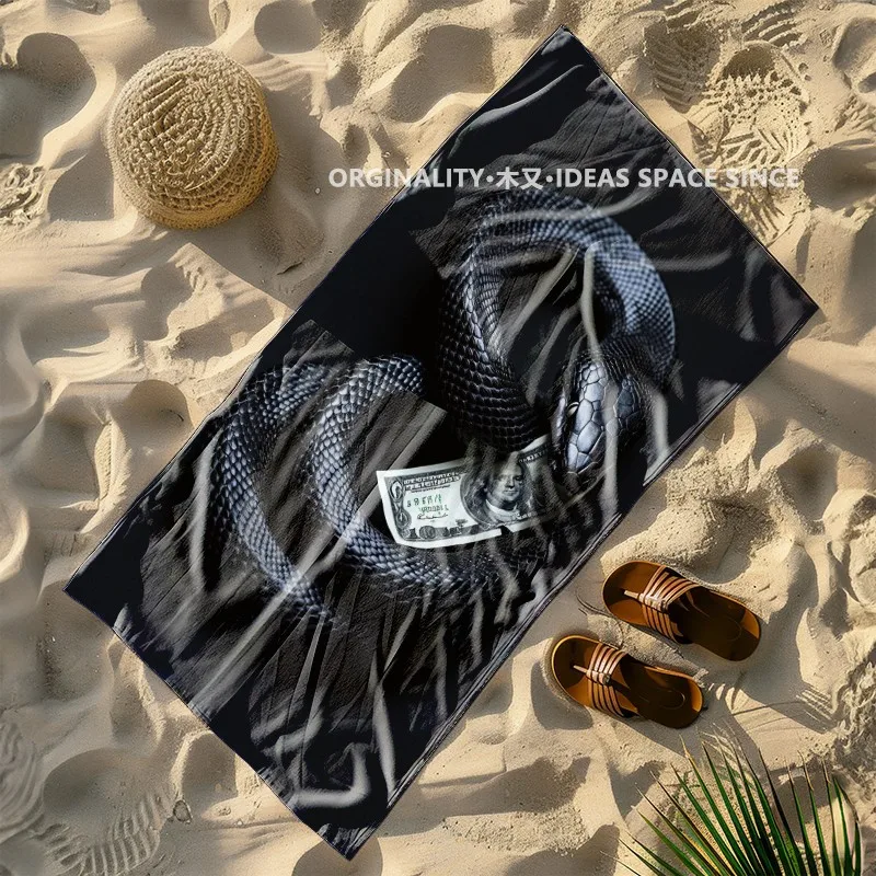 Black Snake & Dollar Print Beach Towel Patterned Sunscreen And Windproof Suitable For Swimming Pool Camping Travel
