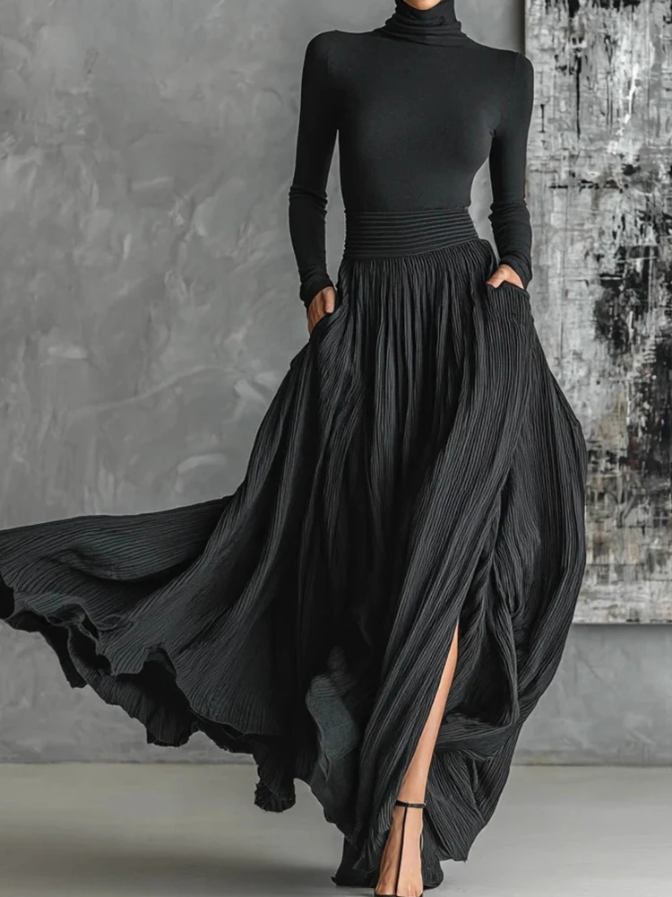 Turtleneck Pullover Top Maxi Skirts 2PCS Sets, Women Spring Autumn Long Sleeve Solid Outfit, Holiday Fashion Chic Ladies Suits