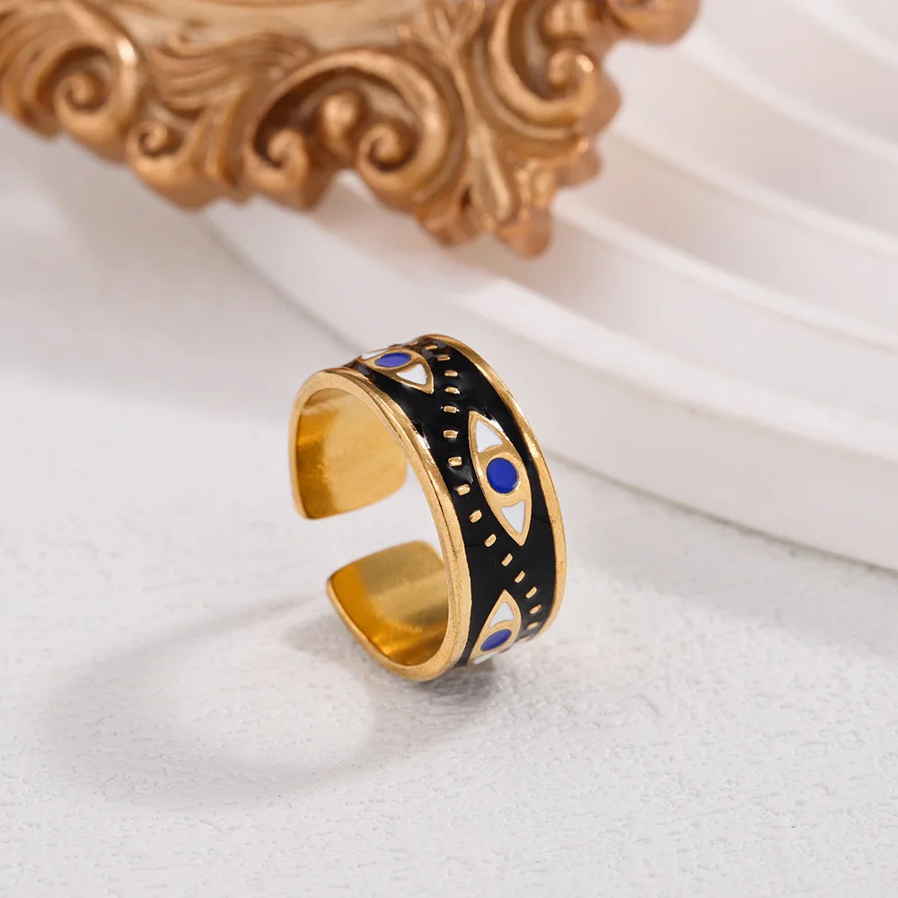 Light luxury Eye of Wisdom enamel stainless steel ring, waterproof and non-fading heavy metal, with adjustable finger ring