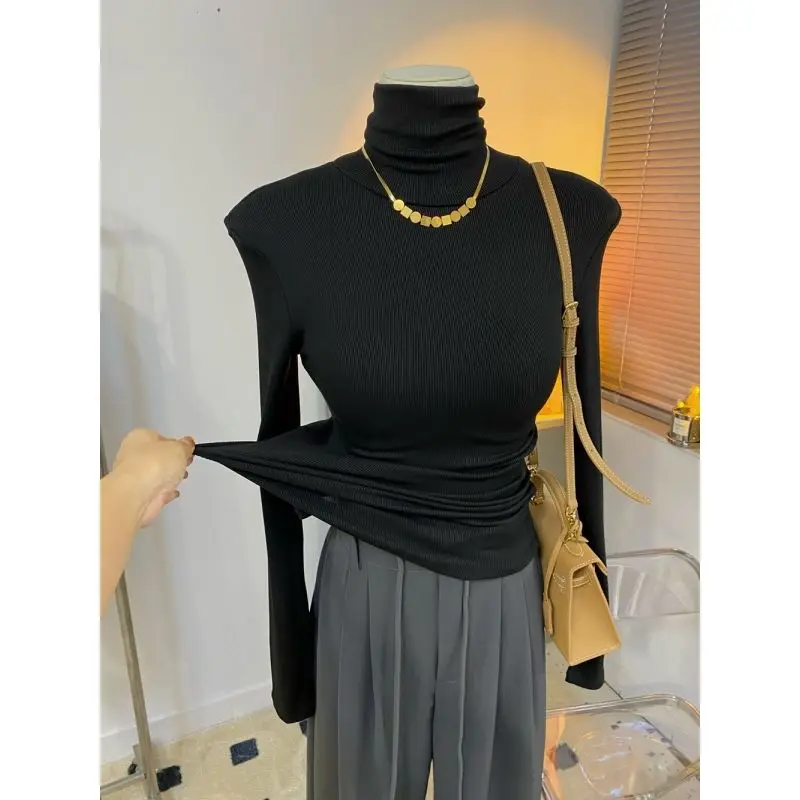 Gray Simple Light Luxury High Neck Wrapping Good Tight Thread Long Sleeve T-shirt Women's Autumn and Winter New Base Shirt