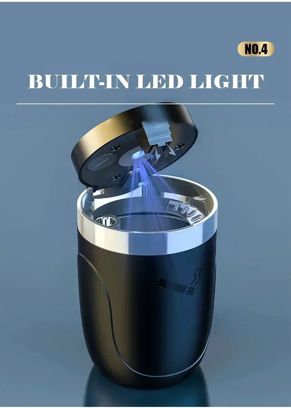 Luxuriöser Auto-Aschenbecher Tragbar Geruchsdicht mit Deckel LED Blaues Licht Abfalleimer Einzelhalterung Schwarz Golden Rot – Detail 7