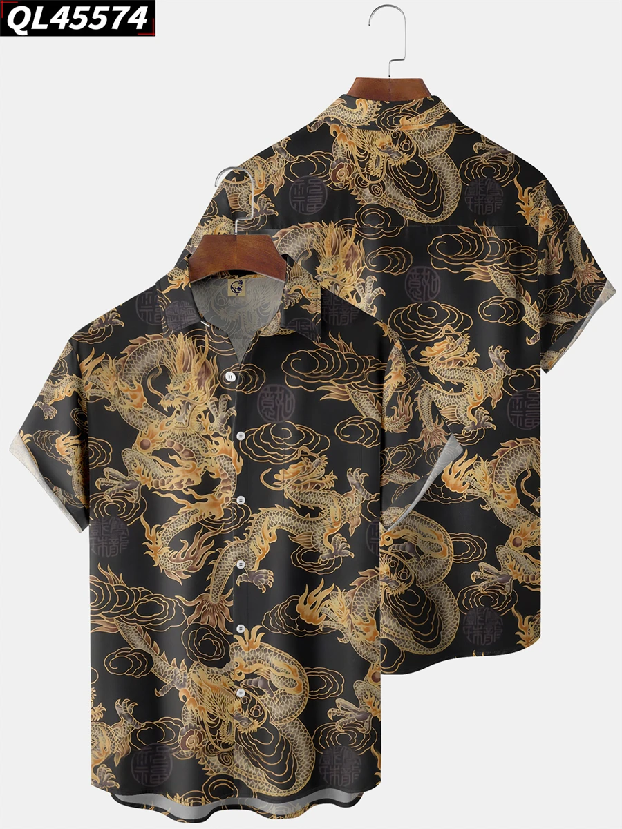 

Men Fashion Hawaiian Dragon Print Shirt Casual Beach Wear Short Sleeve Blouse Men's Lapel Shirt