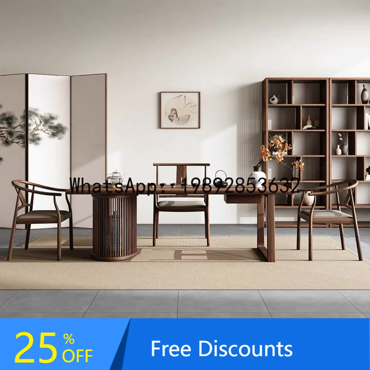 Z2 New Chinese Style Black Walnut Classic Tea Table and Chair Set Solid Wood Elm Office Modern Simple Tea Table Tea Room