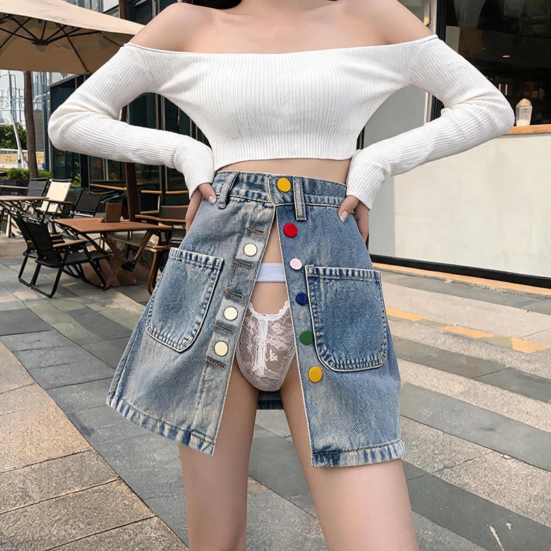 Women Sexy Magnetic Button Skirts Open Hole Fashion Denin Mini Dress Outdoor Exposed Quick Take Off Erotic Bottoms with Pockets