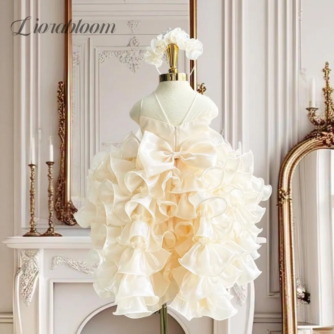 Customized Girls 2026 Balletcore Flower Dress Champagne Yellow Halter Tulle Gown with 3D Floral Ruffles High Low Hem for Wedding view 2