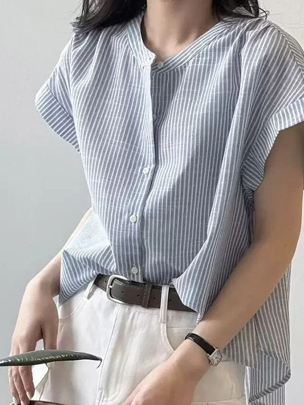 

Women's Casual Loose Striped Shirt Short Sleeve Cotton Fashion Top Gentle Style Summer Seasonal Clothing Comfortable Fit