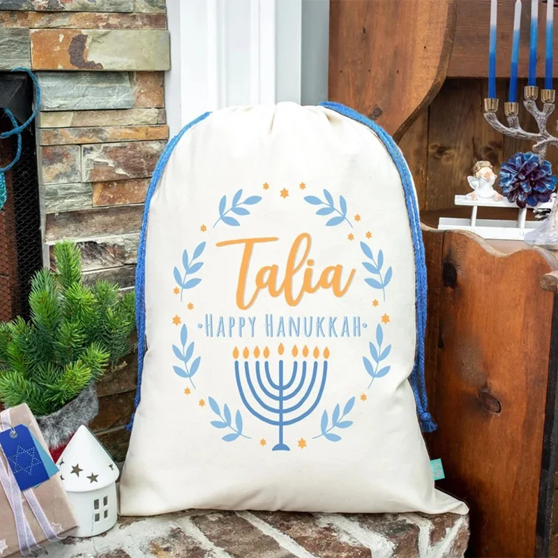 

Personalized Happy Hanukkah Wreath Drawstring Bag Chanukah Gift Sack Jewish Holiday home table Decoration Children kid Present