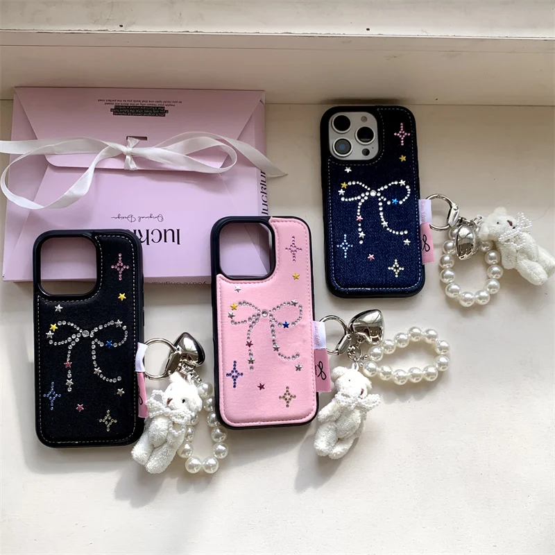 

Korean Cute Diamond Bow Denim Phone Case For iPhone 16 Pro 14 13 15 Pro Max Cover with Plus Rabbit Keychain Cases 16 Promax Capa