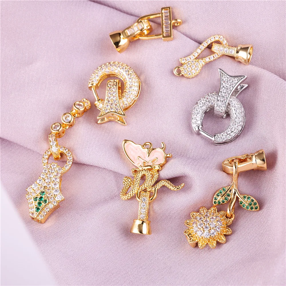 JUYA 18K Gold Plated Multi-design Connector Lock Hooks Fastener Clasps Zircon Inlaid Jewelry Findings for DIY Jewelry Making