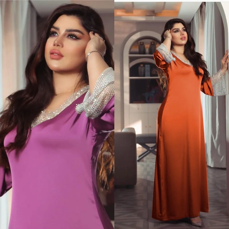 

2025 Abaya Dubai Muslim Turkey Middle East Dress for Women Fashion Long Sleeve Satin Lady Vetement Longue Robe Islamic Clothing