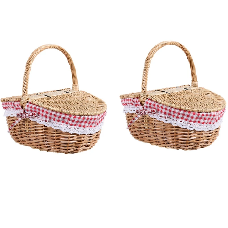 2X Country Style Wicker Picnic Basket Hamper With Lid And Handle & Liners For Picnics, Parties And Bbqs