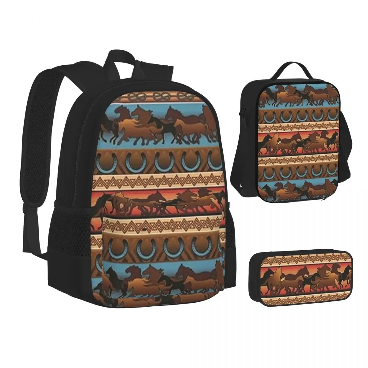 

Plaid With Galloping Horse Design Backpacks Students Bookbag School Bags Children Rucksack Lunch Bag Pen Bag Three-Piece Set