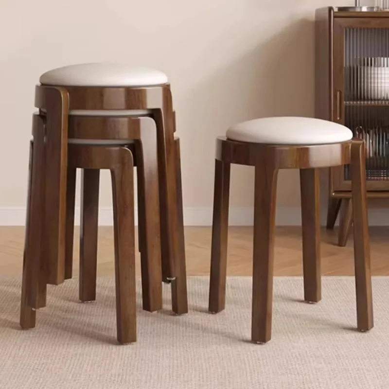 Solid Wood Stacked High Storage Soft Bag Round Stool Modern Small Home Dining Chair Retro Style Bedroom Dressing Chair LD867