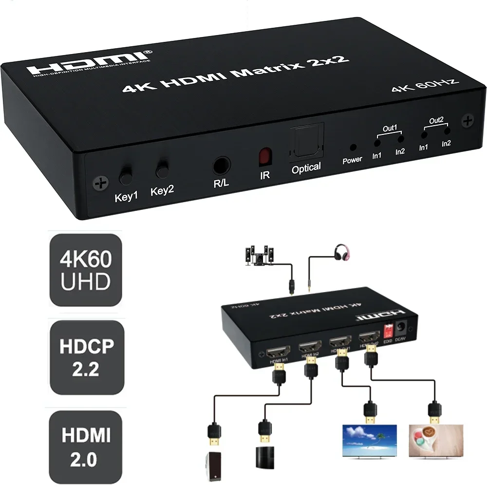 

4K 60Hz 2x2 HDMI Matrix Switcher 2 In 2 Out HDMI Switch Splitter Audio Extractor Video Converter for PS4 Laptop PC To TV Monitor