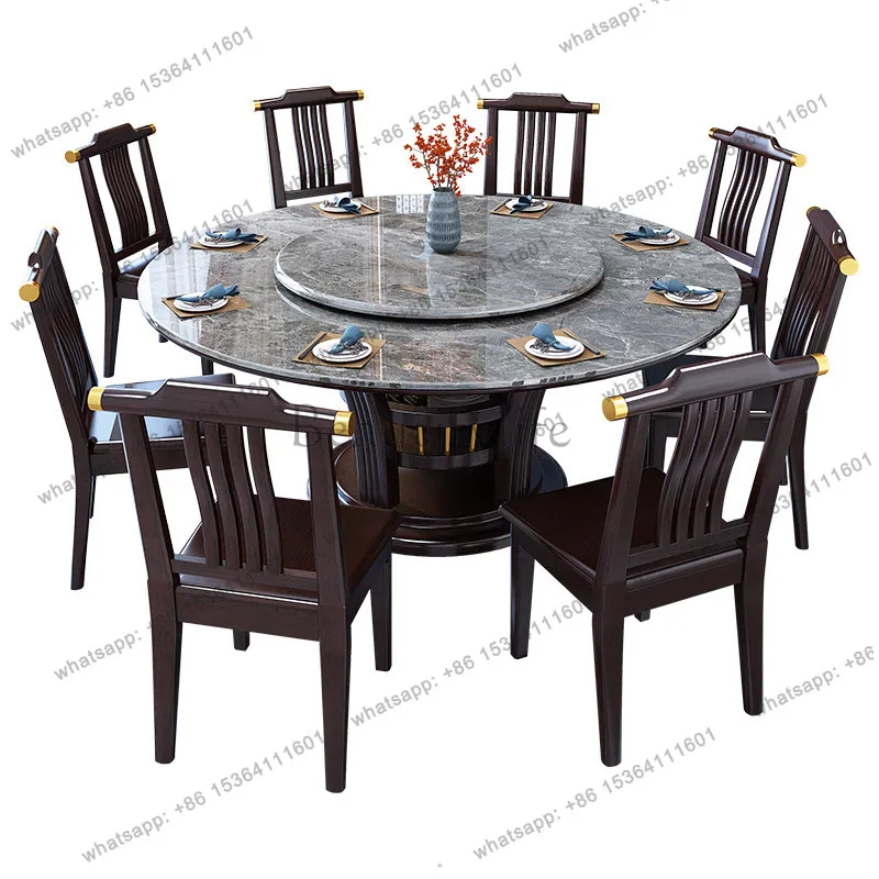 Solid wood rock slab dining table Household round dining table New Chinese style