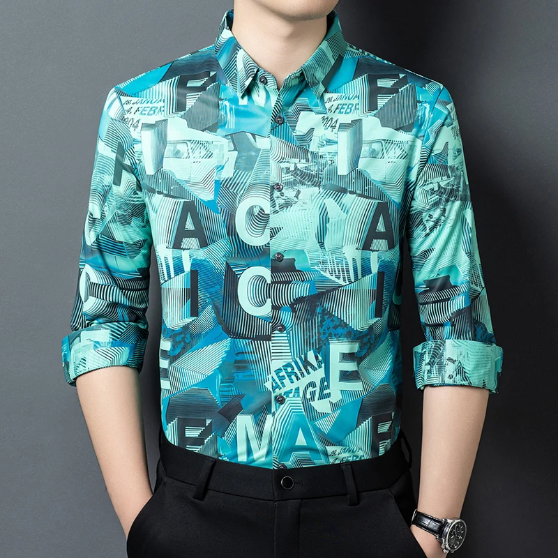 Trendy 3D Print Brand Shirts For Men Long Sleeve Anti-Wrinkle Spring Quality Polyester Elastane Silky Handsome Camisas De Hombre