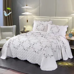 Nordic Embroidered Cotton Quilted Bedspread for Bed, Padded Summer Quilt Blanket, Floral Coverlet, Bed Cover, Bedding Set 3Pcs