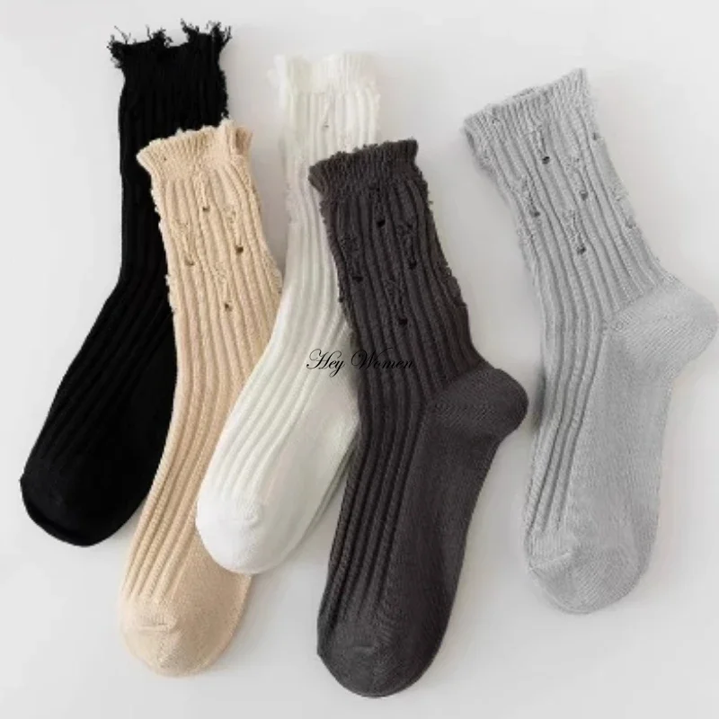 1 Pair Women Socks Broken Hole Harajuku Hip-Hop Trendy Skateboard Beggar Cotton Sock Medium Tube Knitted Stocking for Children