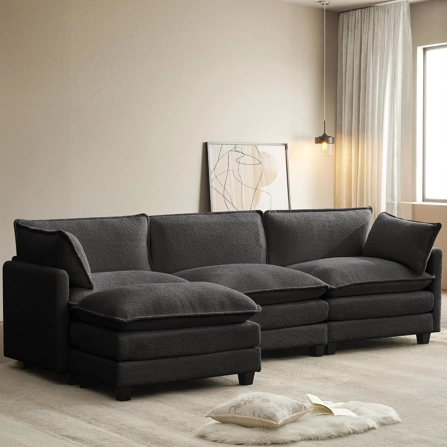 Modular Sectional Cloud Couch Movable Ottoman Four Seat Modern Chenille Sofa Deep Seat L Shaped Couch Living Room Bedroom Apartm